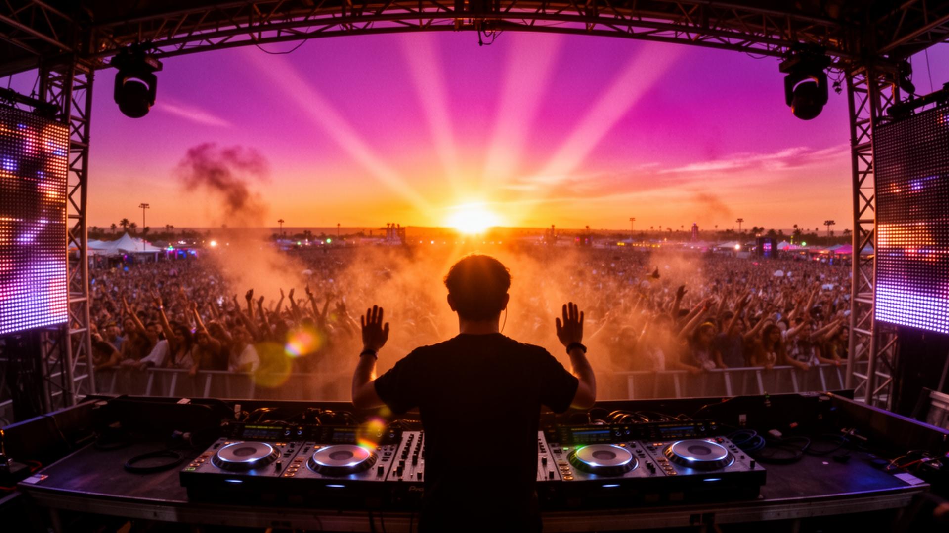 DJ in club booth with neon lights and crowd