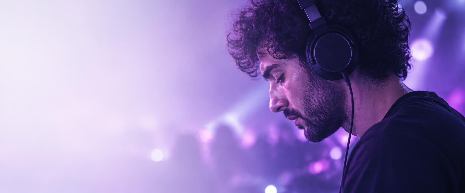 DJ with headphones in purple light