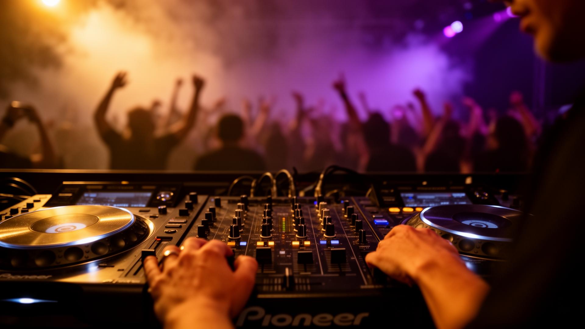 DJ at the decks facing a live crowd under club lights