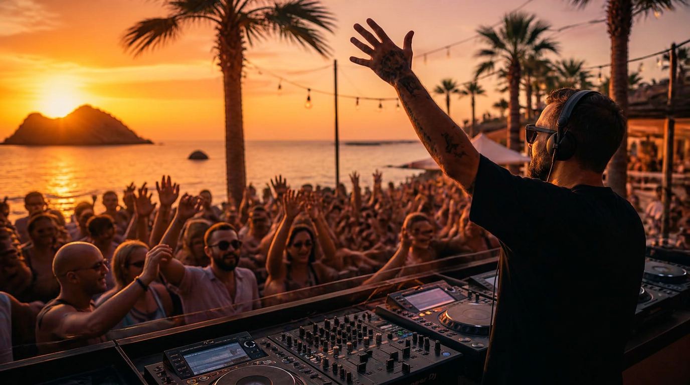 DJ playing a sunset beach-club set in front of a dancing crowd