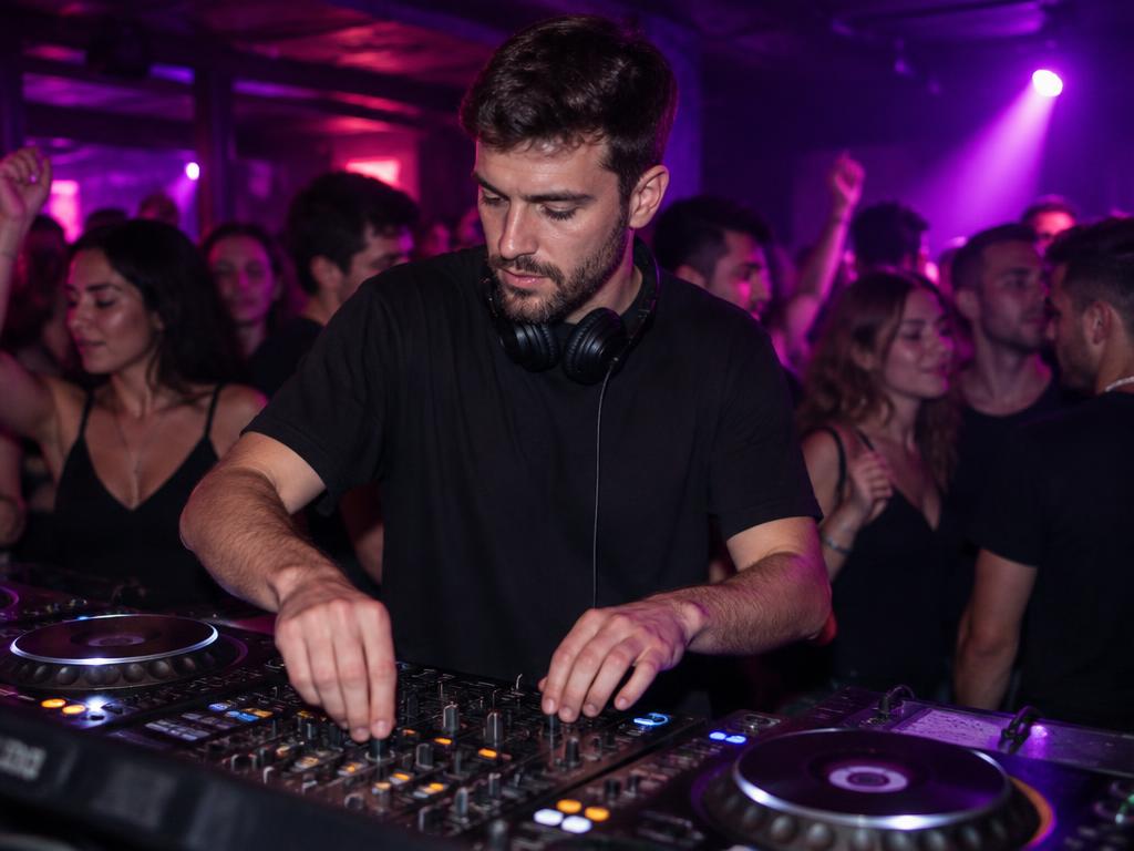 DJ performing in an intimate club with the crowd close to the booth