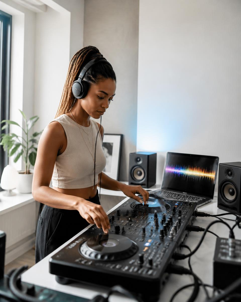 DJ preparing a set in a bright home studio